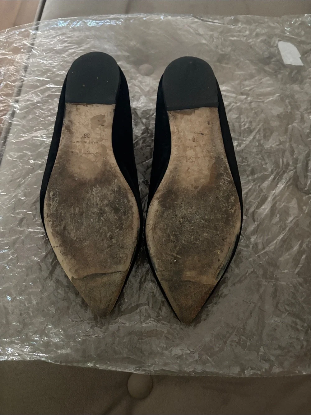 Oscar de la Renta Black Velvet Pointed Toe Flats with Crystal Bow